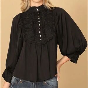 NWT Karlie black satin embroidered bib style blouse
